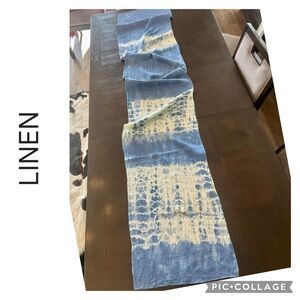 HAND DYED BLUE LINEN TABLE RUNNER SHIBORI STYLE BOHO COASTAL FARMHOUSE DECOR